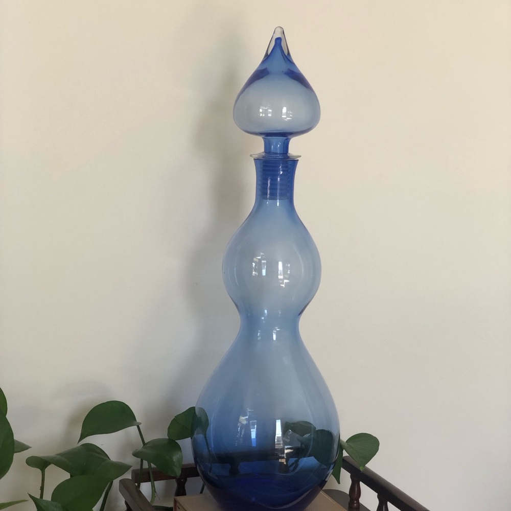 Retro Blue Art Glass Double-Gourd Genie Bottle Decanter / Vase